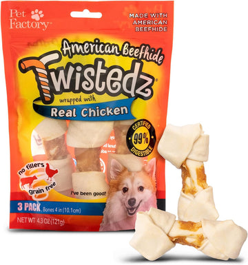 Pet Factory Twistedz American Beefhide 4-5" Knotted Bones Dog Chew Treats W/ Real Chicken Meat Wrap - 3 Count/1 Pack