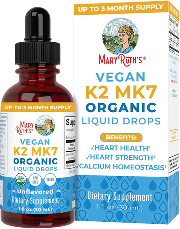 Maryruth Organics Usda Organic Vitamin K2 Mct Liquid Drops For Adults & Kids | 100 Mcg K2 Mk7 Per Serving + Organic Mct Oil | Vegan K2 Vitamin For Bone Health | Heart Health | Calcium Absorption | 1Oz
