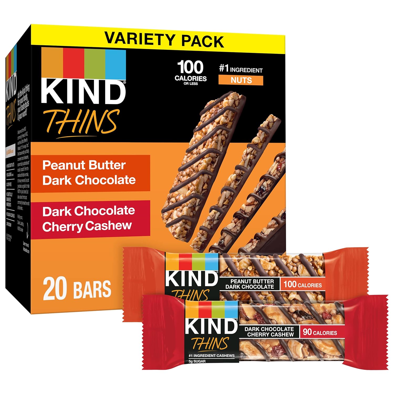 Kind Thins Variety Pack, Peanut Butter Dark Chocolate, Dark Chocolate Cherry Cashew, Healthy Snacks, Low Calorie, 20 Count