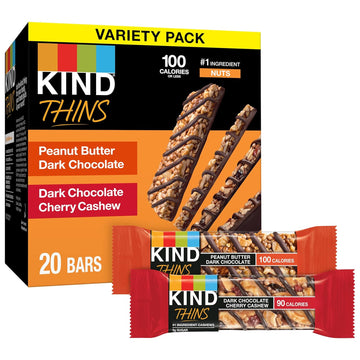 Kind Thins Variety Pack, Peanut Butter Dark Chocolate, Dark Chocolate Cherry Cashew, Healthy Snacks, Low Calorie, 20 Count