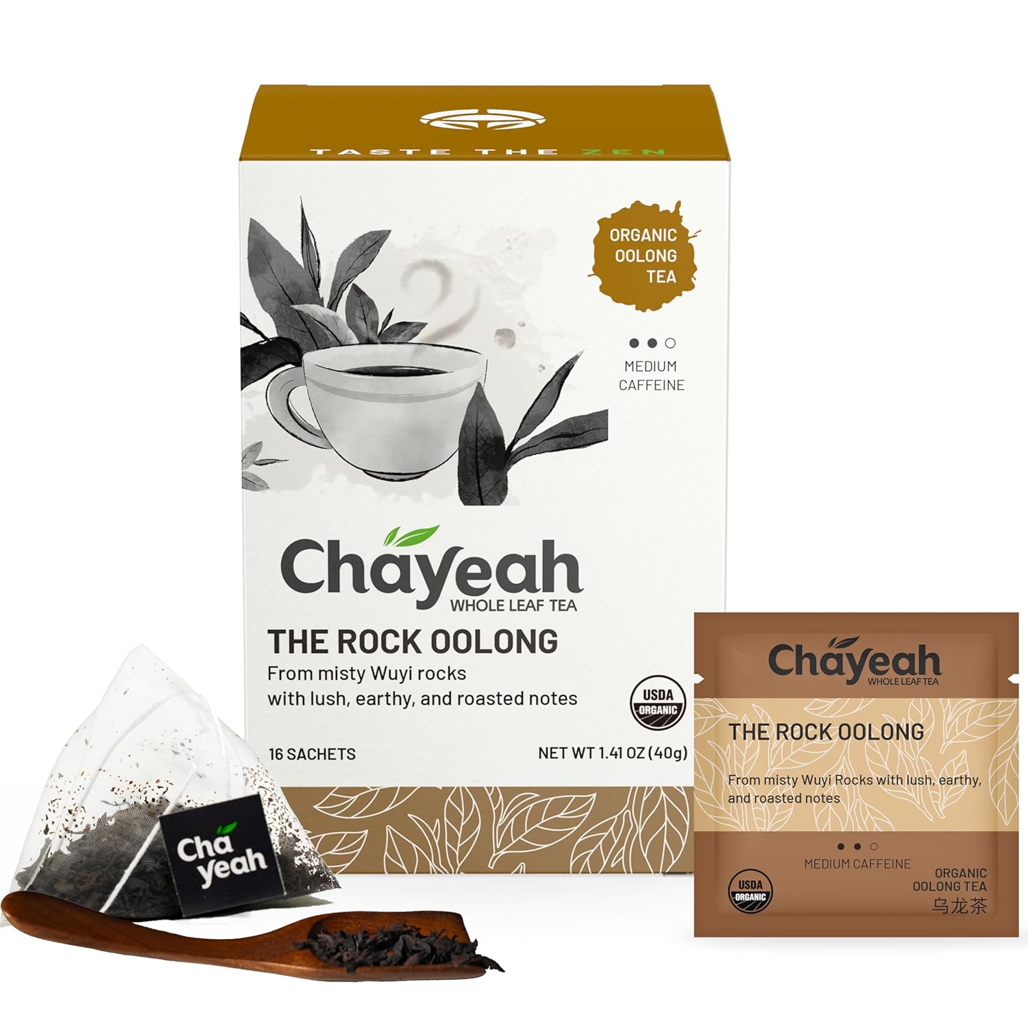 Chayeah, The Rock Oolong, Authentic Wuyi Rock Oolong Tea, Whole Leaf Tea Bag, Usda Organic, Caffeinated (16 Pyramid Tea Sachets)