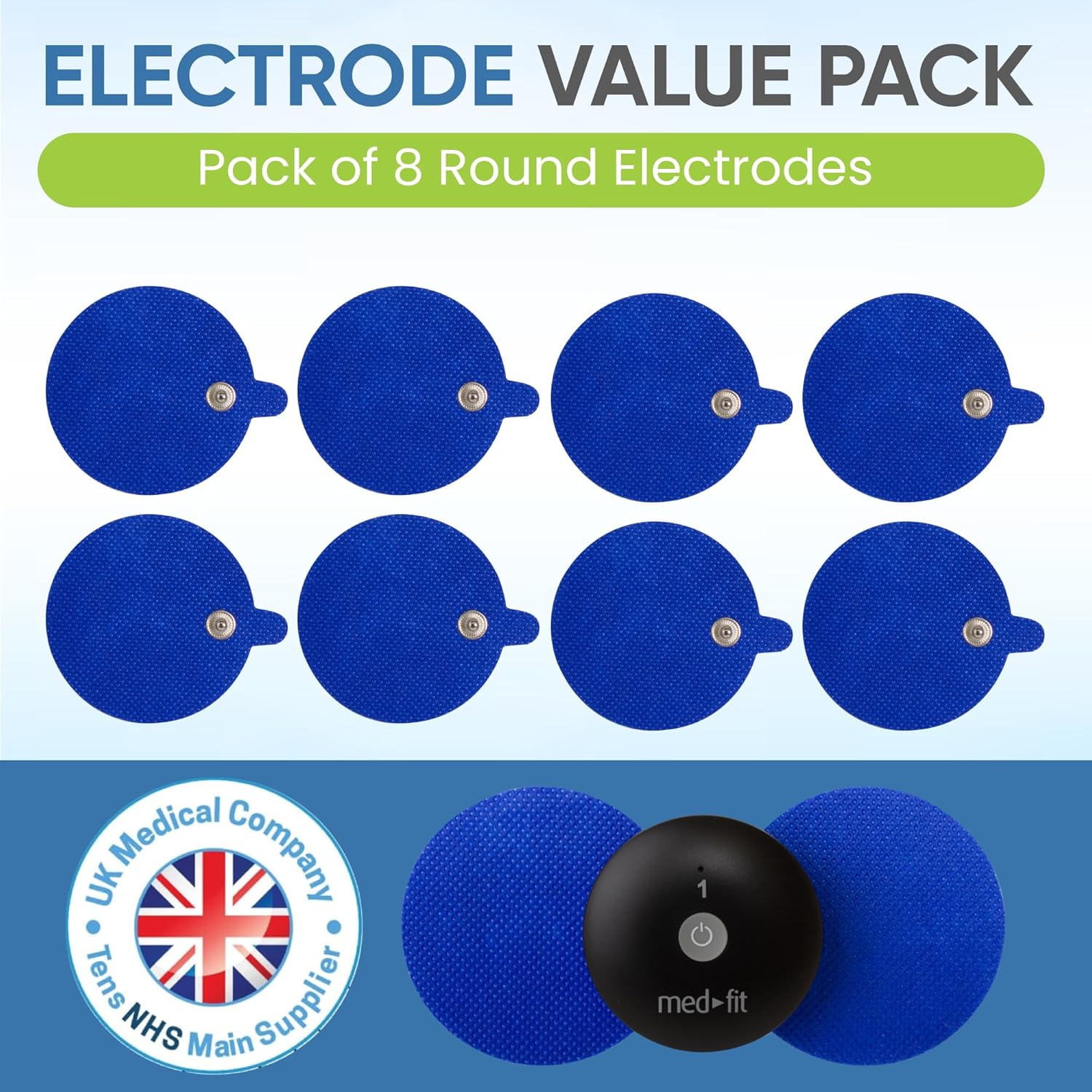 Med-Fit TENS Electrodes - 60mm Round Stud Replacement Electrode Pads - Pack of 8 TENS Pads in Total (Blue, 6 cm Round) : Amazon.co.uk: Health & Personal Care