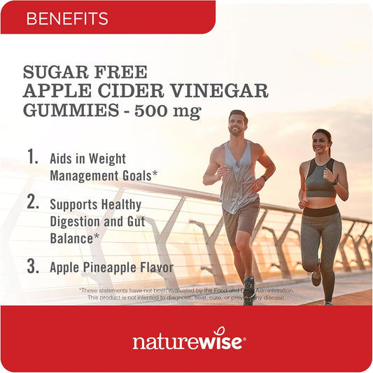 Naturewise Apple Cider Vinegar Acv Gummies - 1000Mg Acv Per 2, Sugar Free, Vegan - Energy & Gut Health - Acv Gummies W/Vitamin B12-180 Gummies[3-Month Supply For 1000Mg / 6-Month Supply For 500Mg]
