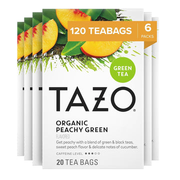 Tazo Organic Peachy Green Tea Bags, Moderate Caffeinated Tea, 120 Total Tea Bags (20Ct - Pack Of 6)