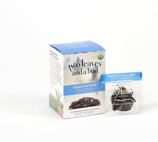 Two Leaves And A Bud Organic Earl Grey Tea Bags, Whole Leaf Caffeinated Black Tea In Compostable Sachets, Caffeinated Black Tea Flavored With Bergamot, Add Milk And Sugar, 15 Count (Pack Of 1)