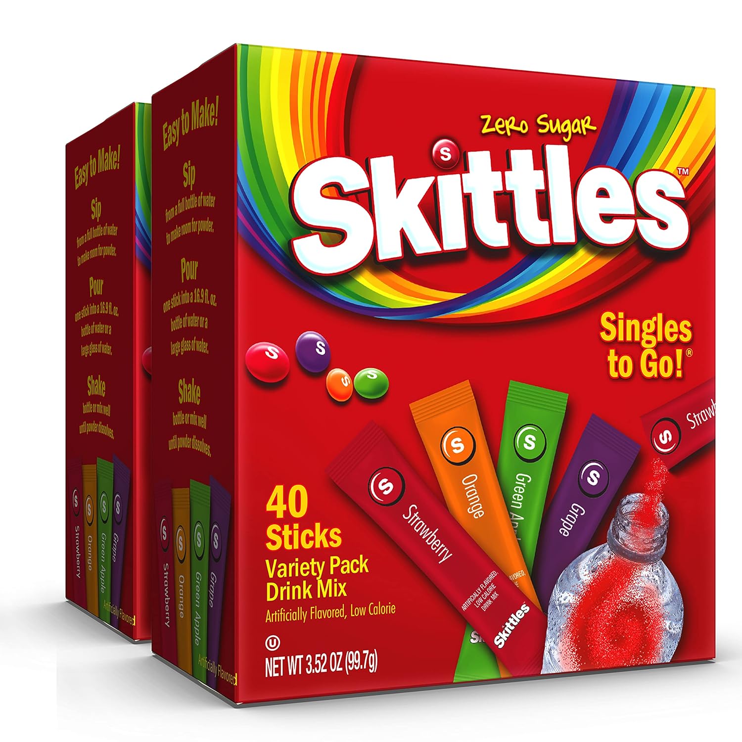 Skittles Zero Sugar Low Calorie Singles To Go Bulk Variety Pack Drink Mix - 2 Boxes Of 40 Sticks Each - 80 Total Sticks - 4 Fruity Flavors: Strawberry, Orange, Green Apple And Grape - Pack Of 2