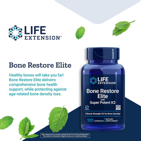 Life Extension Bone Restore Elite with Super Potent K2 - Clinically Studied Vitamin K2 & Calcium Promotes Healthy Bone Mineral Density, Bone-Friendly Formula - Non-GMO, Gluten-Free - 120 Capsules