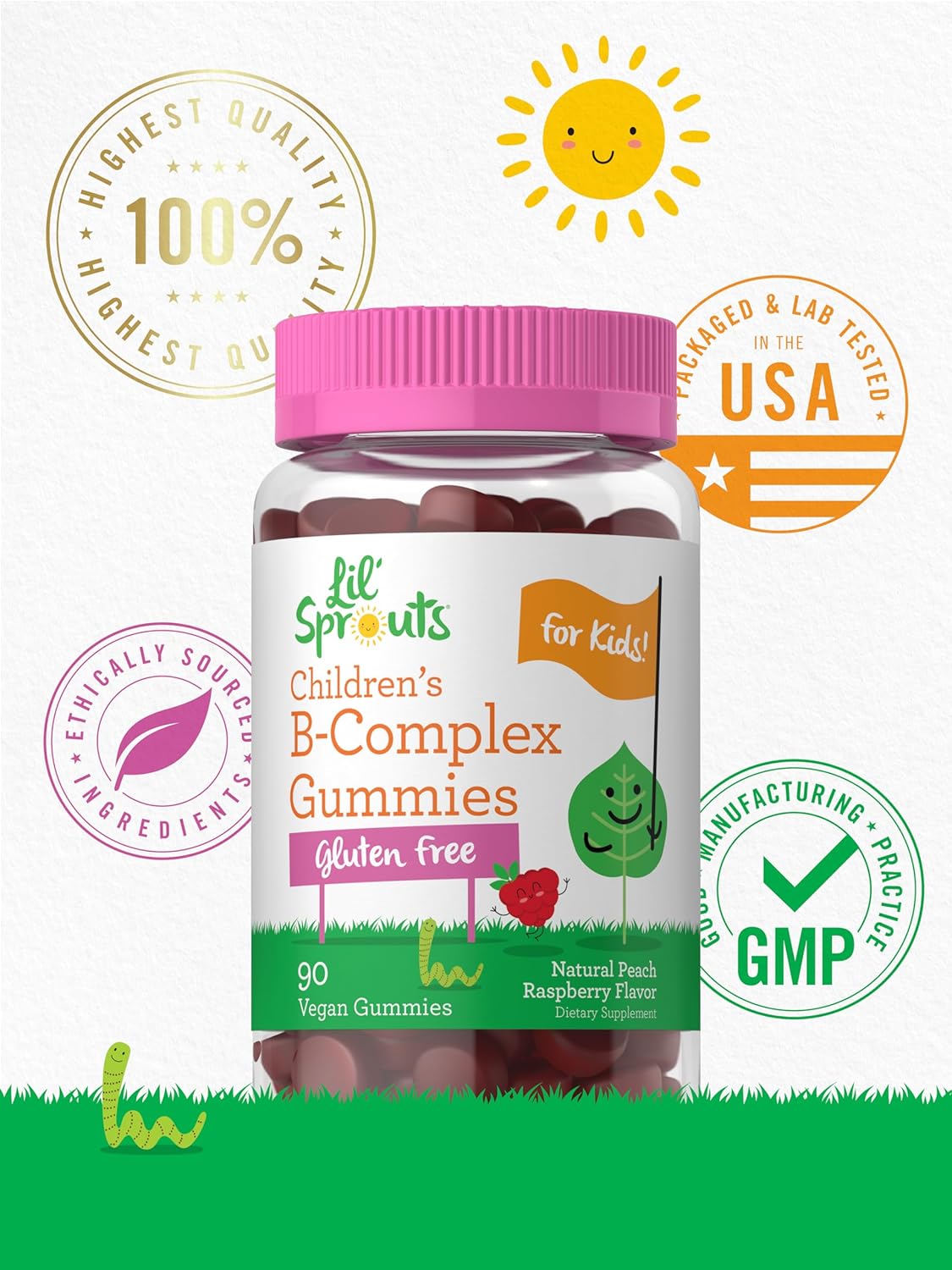 Carlyle Kids B Complex Gummies | 90 Count | Peach Raspberry Flavor | Non-GMO, Gluten Free & Vegan Supplement | Lil' Sprouts : Health & Household