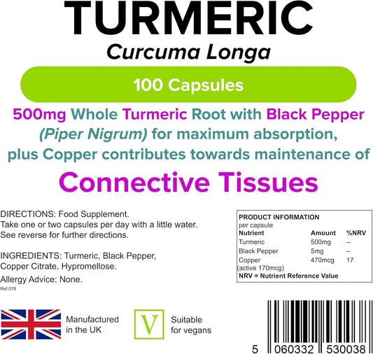 Lindens Turmeric 500mg with Black Pepper - 100 Vegan Capsules | 1-A-Day | UK Manufacturer - 1000mg per Serving | Natural Curcumin | Easy to Swallow & Digest Capsule | Letterbox Friendly (3+ Months Supply)