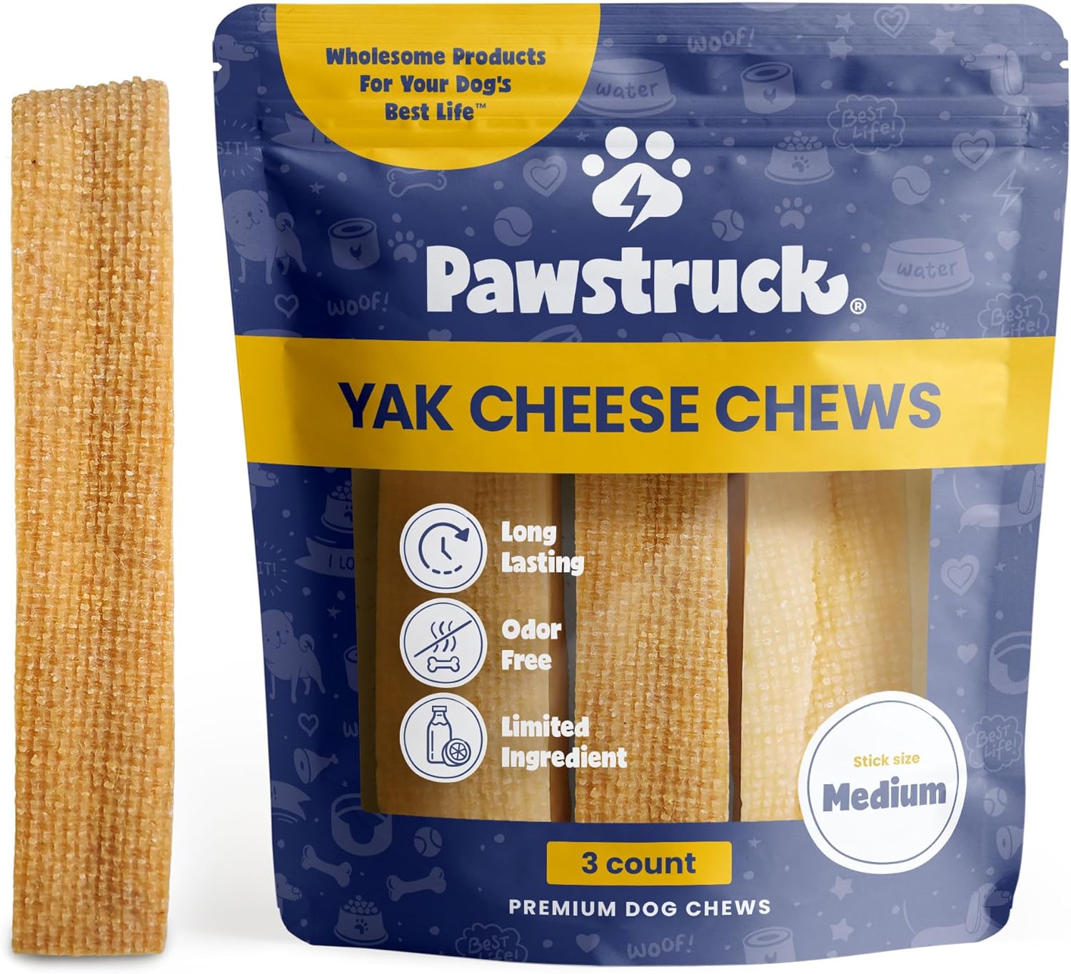 Pawstruck Himalayan Yak Dog Chew (3-4 oz. Pieces) Natural Yak & Cow Milk/Cheese from Himalayas Long-Lasting, Jumbo Treat for Dog, Best Thick Chew Stick - 3 Pack - Packaging May Vary