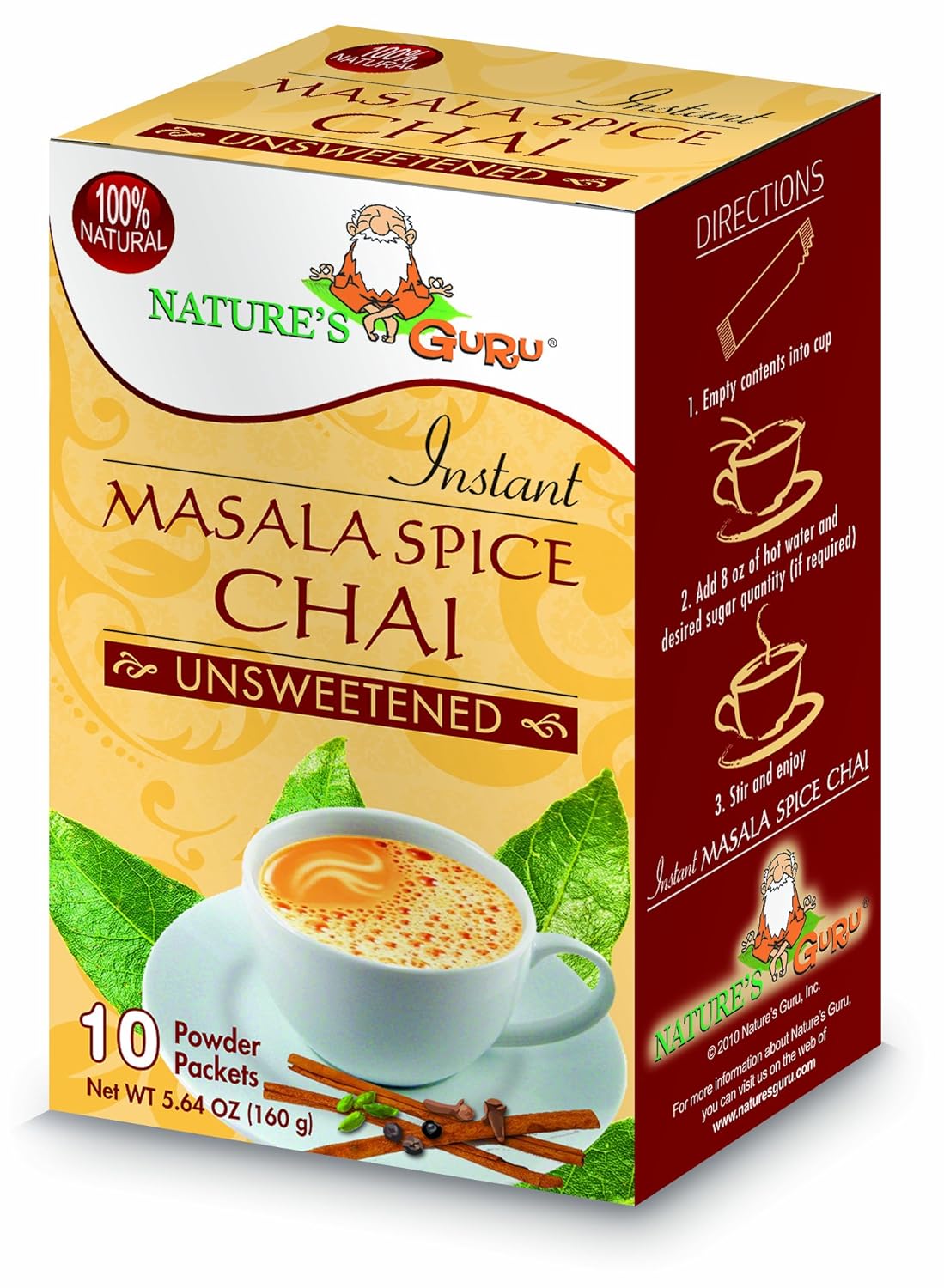 Nature'S Guru Instant Masala Spice Chai Tea Drink Mix Unsweetened 10 Count Single Serve On-The-Go Drink Packets, 5.64 Ounce (Pack Of 1) (Mcu_Fba)
