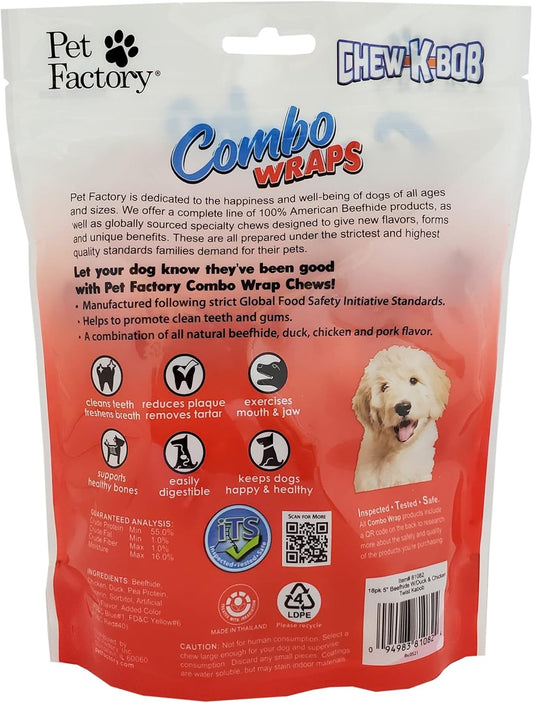 Pet Factory Combo Wraps Pork Flavored Beefhide 5" Twist Kabobs Dog Chew Treats W/ Real Chicken & Duck Meat Wrap - 18 Count/1 Pack
