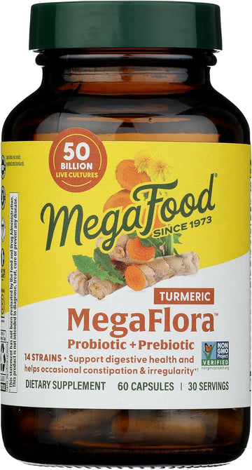 Megafood Megaflora Probiotic + Prebiotics + Turmeric - Probiotics For Women & Men - Probiotics For Digestive Health - 50 Billion Cfus - 14 Strains - Vegan - Non-Gmo - 60 Caps (30 Servings)