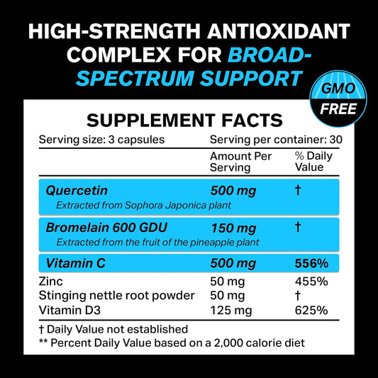 Quercetin with Bromelain 500mg Capsules, Supports Immune Response, Joint Comfort, & Overall Wellness - Vitamin C, Zinc 50mg, & Vitamin D3 5000 IU - Immunity Health Pills Quercetin Bromelain Supplement