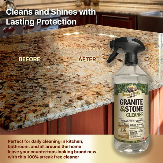 PARKER & BAILEY Granite & Stone Cleaner - Granite Countertop Cleaner Kitchen Island Cleaning Spray Marble Cleaner Tile Cleaner Slate Quartz Daily Granite Cleaner Bathroom Counter Cleaner -White, 32 Oz