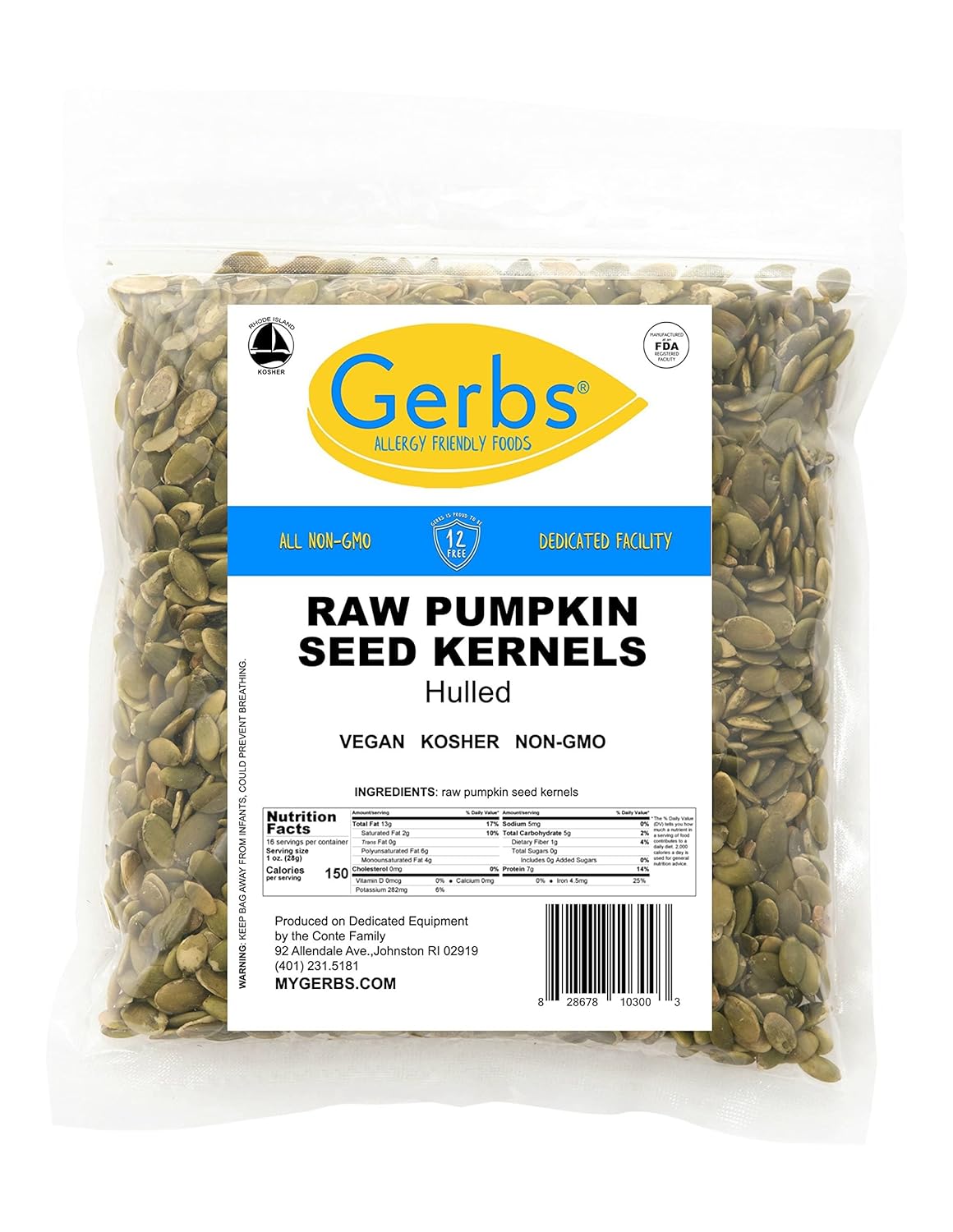 GERBS Raw Pumpkin Seed Kernels 1 LB | Top 14 Allergy Free Food | Protein rich super snack food | Use in salads, yogurt, baking, oatmeal, trail mix | Grown in Canada, packaged in USA | Vegan, Kosher