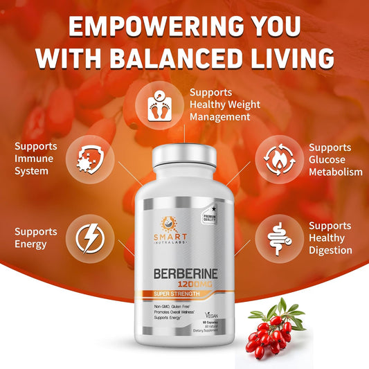 Smart Nutra Labs Premium Berberine Hcl 1200Mg- 60 Vegan Capsules, 100% Pure Berberine Supplement- Non-Gmo, Gluten Free
