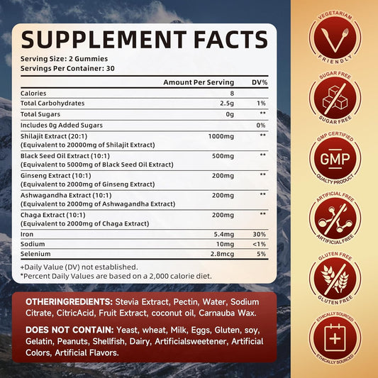 Sugar-Free Shilajit Gummies 1000 Mg With 85+ Trace Minerals & Fulvic Acid, Pure Himalayan Shilajit Supplement Gummies For Men & Women - Energy, Brain, Immunity - Strawberry Flavor, 60 Count