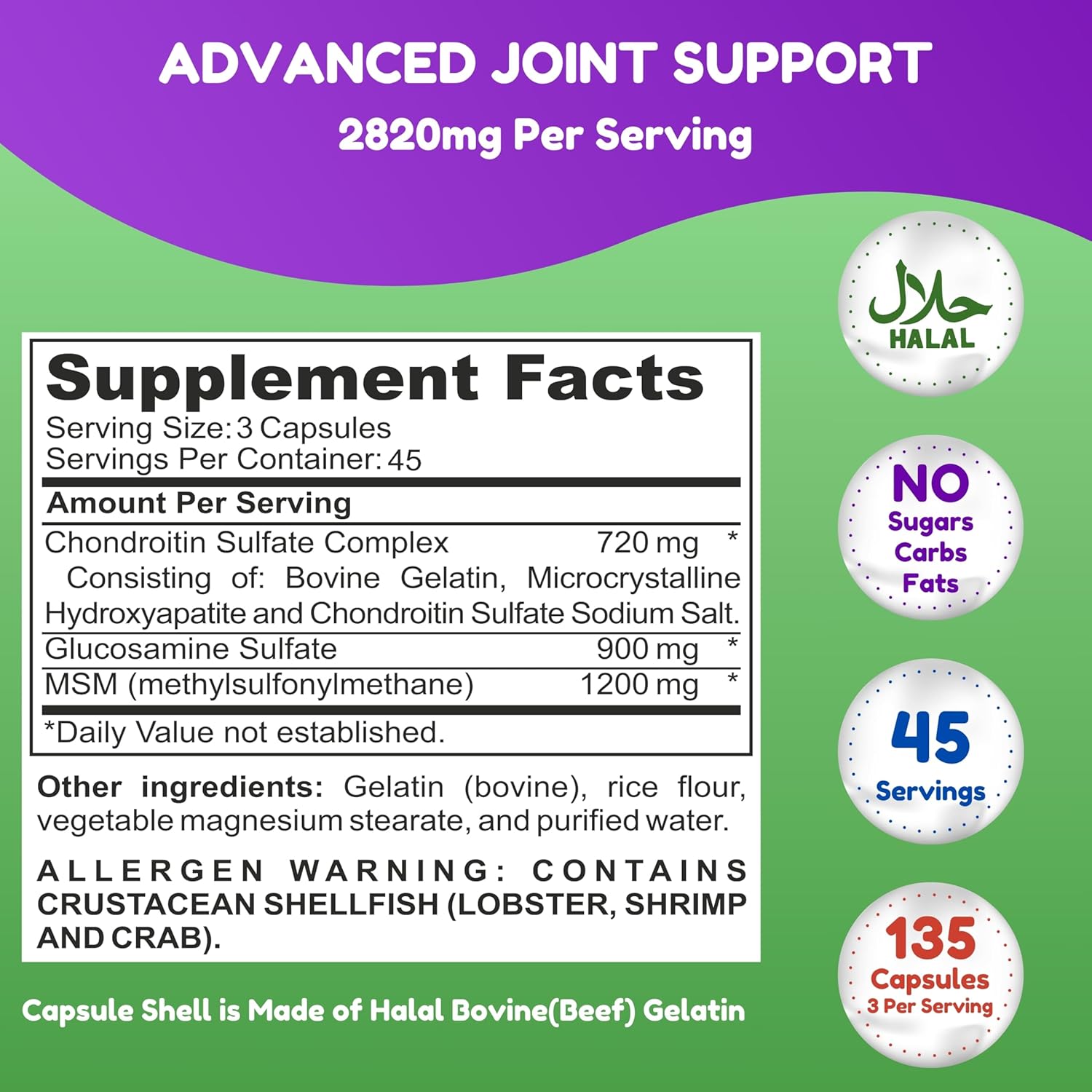 Halal Joint Support Supplement W/Glucosamine Chondroitin Msm | 2820Mg 30 Servings | Non-Gmo