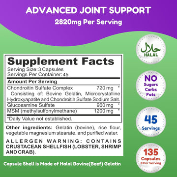 Halal Joint Support Supplement W/Glucosamine Chondroitin Msm | 2820Mg 30 Servings | Non-Gmo