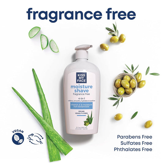 Kiss My Face Fragrance Free Moisture Shave, 4 In 1 Shaving Cream, Cruelty Free And Vegan, With Added Olive Oil And Aloe Leaf Extract, Vitamin E Rich, 11 Fl Oz Pump Bottle