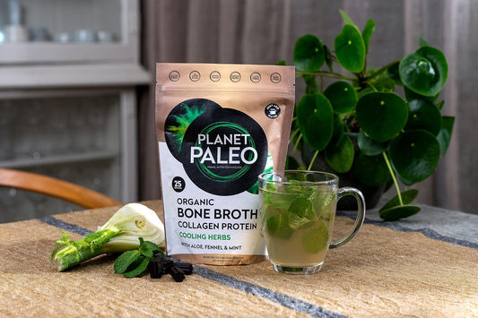 Planet Paleo Organic Bone Broth - Cooling Herbs (450G, 50 Servings) Organic, Grass Fed, High Protein | Fennel, Peppermint, Liquorice And Aloe Vera - Digestive Support