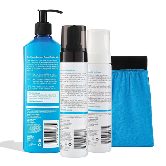 Bondi Sands Prep and Glow Bundle | Includes Self Tan Eraser, Exfoliation Mitt, Light/Medium Sunless Foam + Everyday Gradual Tanning Milk ($76 Value)