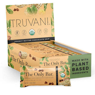 Truvani Plant Based Snack Bars | 8G Protein | 12 Pack Peanut Butter Chocolate Chip | Organic | Vegan | The Only Bar | Dairy, Soy, And Gluten Free | Individually Wrapped