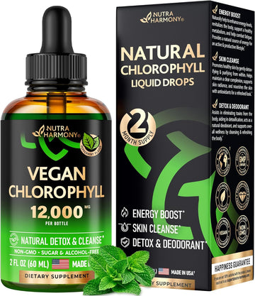 Vegan Chlorophyll Liquid Drops - Oxygen & Energy Boost, Skin Cleanse - Made in USA Trusted Quality - Natural Deodorant & Detox - 12000 mg Extra Strength Supplement - 2 Month Supply, Fresh Mint Flavor