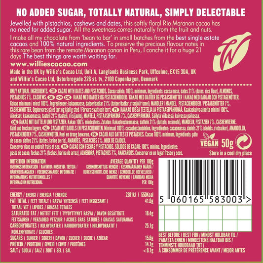 Willie'S Cacao - No Added Sugar Chocolate Bar - 100% Cacao With Pistachio & Date - 50G X 12-100% Cacao Naturally Sweetened With Fruit And Nuts - Vegan Chocolate - Artisan Chocolate