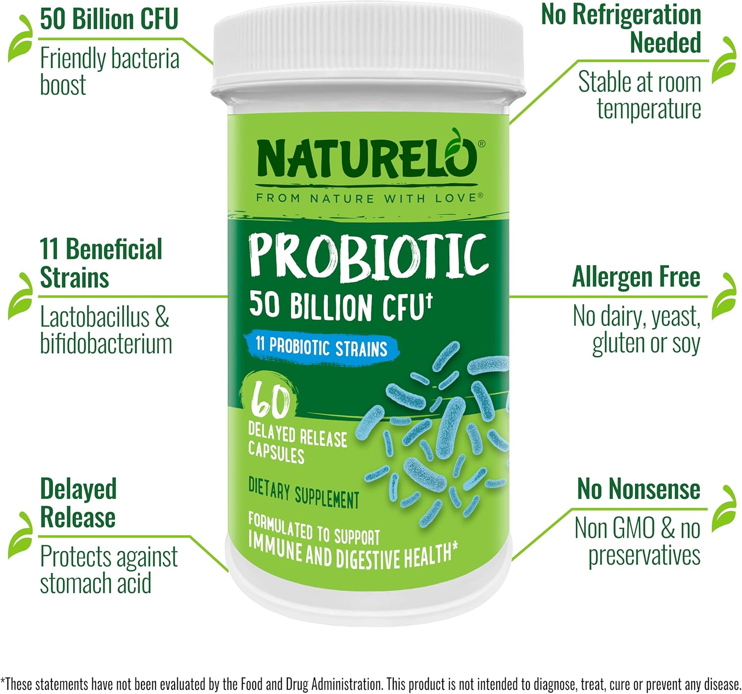 NATURELO Probiotics for Digestive Health - 50 Billion CFU, 11 Strains Daily Supplement - Boosts Immune System, Delayed Release, 60 Vegetarian Capsules