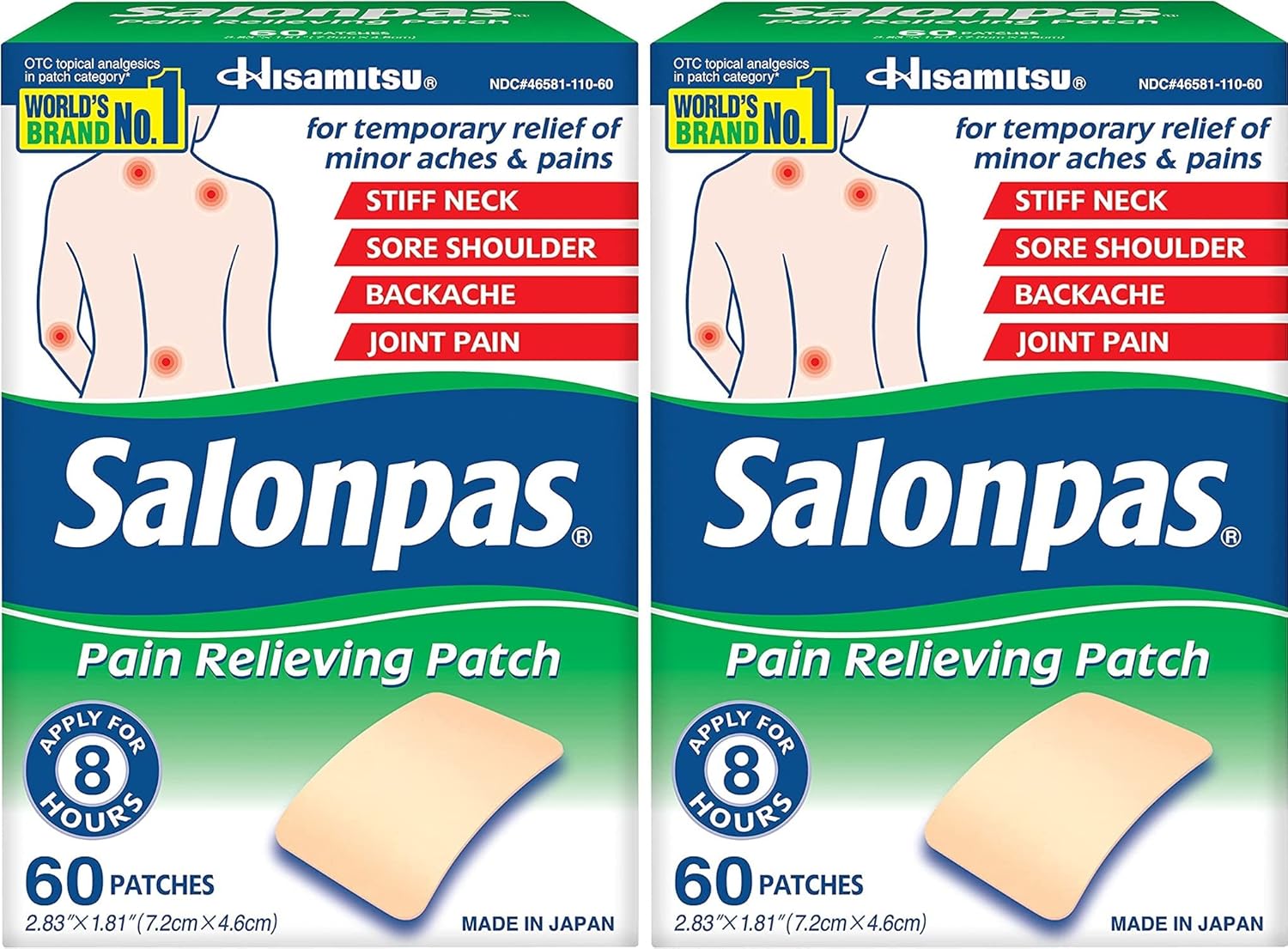 Salonpas Pain Relieving Patch for Back, Neck, Shoulder, Knee Pain and Muscle Soreness - 8 Hour Pain Relief - 60 Count (Pack of 2)