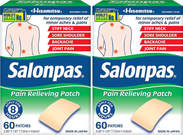 Salonpas Pain Relieving Patch for Back, Neck, Shoulder, Knee Pain and Muscle Soreness - 8 Hour Pain Relief - 60 Count (Pack of 2)