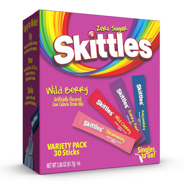 Skittles Singles To Go Wild Berry Variety Pack, Watertok Powdered Drink Mix, Zero Sugar, Low Calorie, Includes 4 Wild Berry Flavors, 1 Box (30 Single Servings)