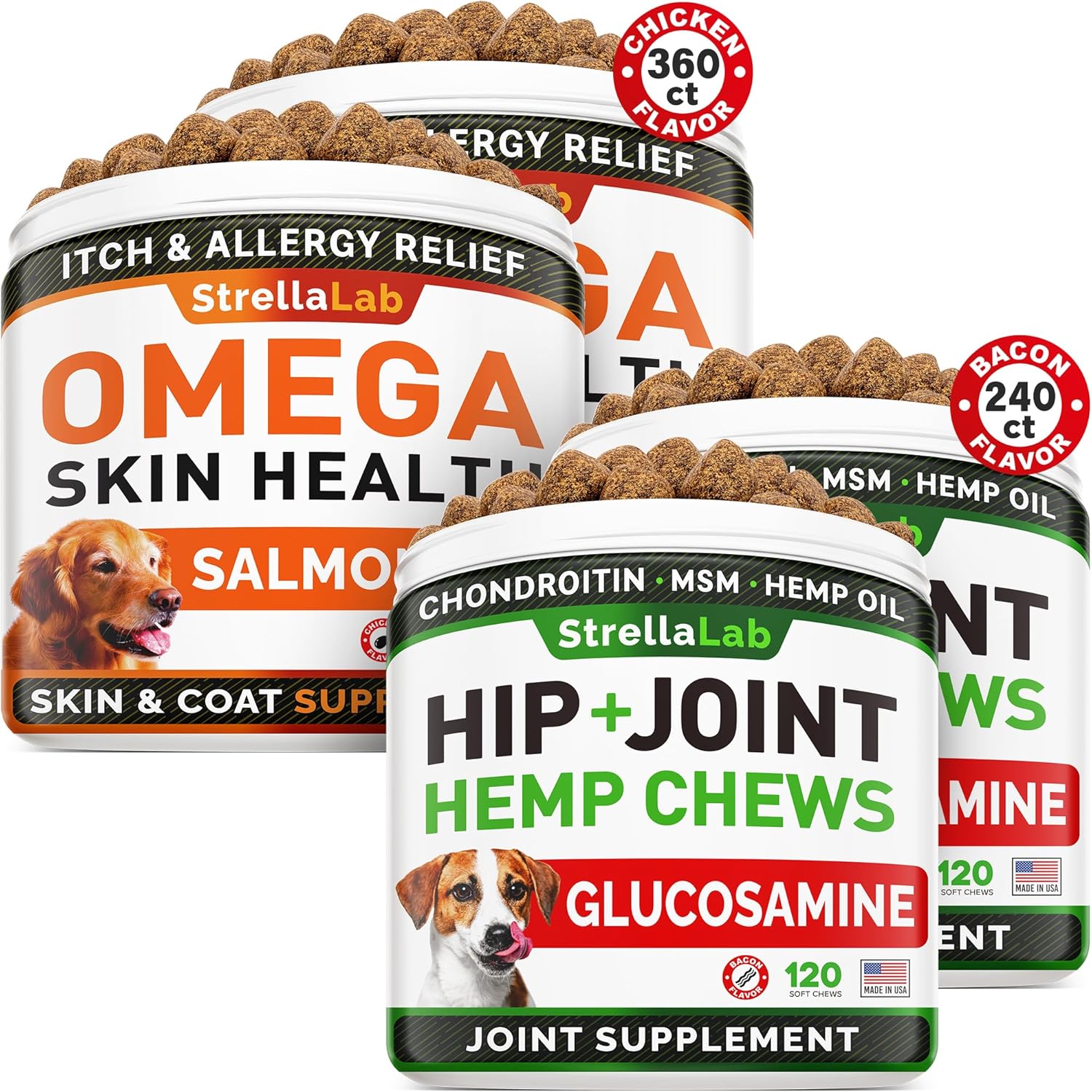 Omega 3 + Hemp + Glucosamine Bundle - Allergy & Itch Relief + Hip Joint Pain Relief - Omega 3, Chondroitin, Msm - Hot Spots Treatment, Anti Itch + Advanced Mobility Hemp Oil - 600 Ct - Made In Usa