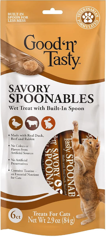 Good 'N' Tasty Savory Spoonables With Real Duck, Beef & Rabbit, 6 Count Tube, Triple Flavor Squeezable Lickable Wet Treats For Cats With Built-In Spoon For Less Mess