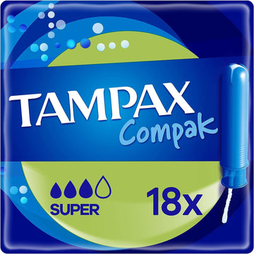 Tampax Compak, Super Absorbency, Moderate to Heavy Flow, 18 Tampons With Applicator, Comfortable & Clean Insertion, Leak Protection