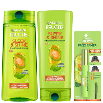 Garnier Fructis Sleek & Shine Shampoo (22 Fl Oz), Conditioner (21 Fl Oz) + Frizz Tamer (0.28 Fl Oz) Set for Frizzy, Dry Hair, Plant Keratin (3 Items), 1 Kit (Packaging May Vary)