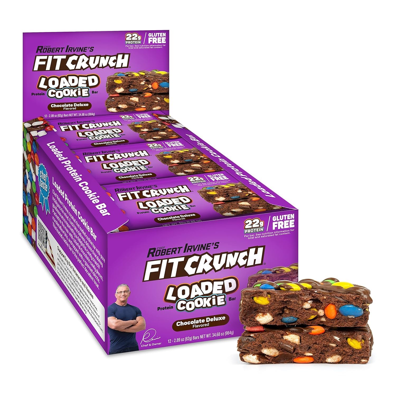 Fitcrunch Loaded Cookie Protein Bar, High Protein, Gluten Free, Protein Snack (12 Cookie Bars, Chocolate Deluxe)