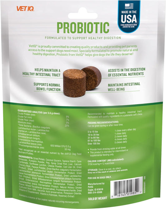 VetIQ Probiotic Supplement for Dogs, Digestive Support for Dogs, Nourishes Gut Bacteria and Supports Bowel Function, Hickory Smoke Flavor, Made in The USA, 60 Count