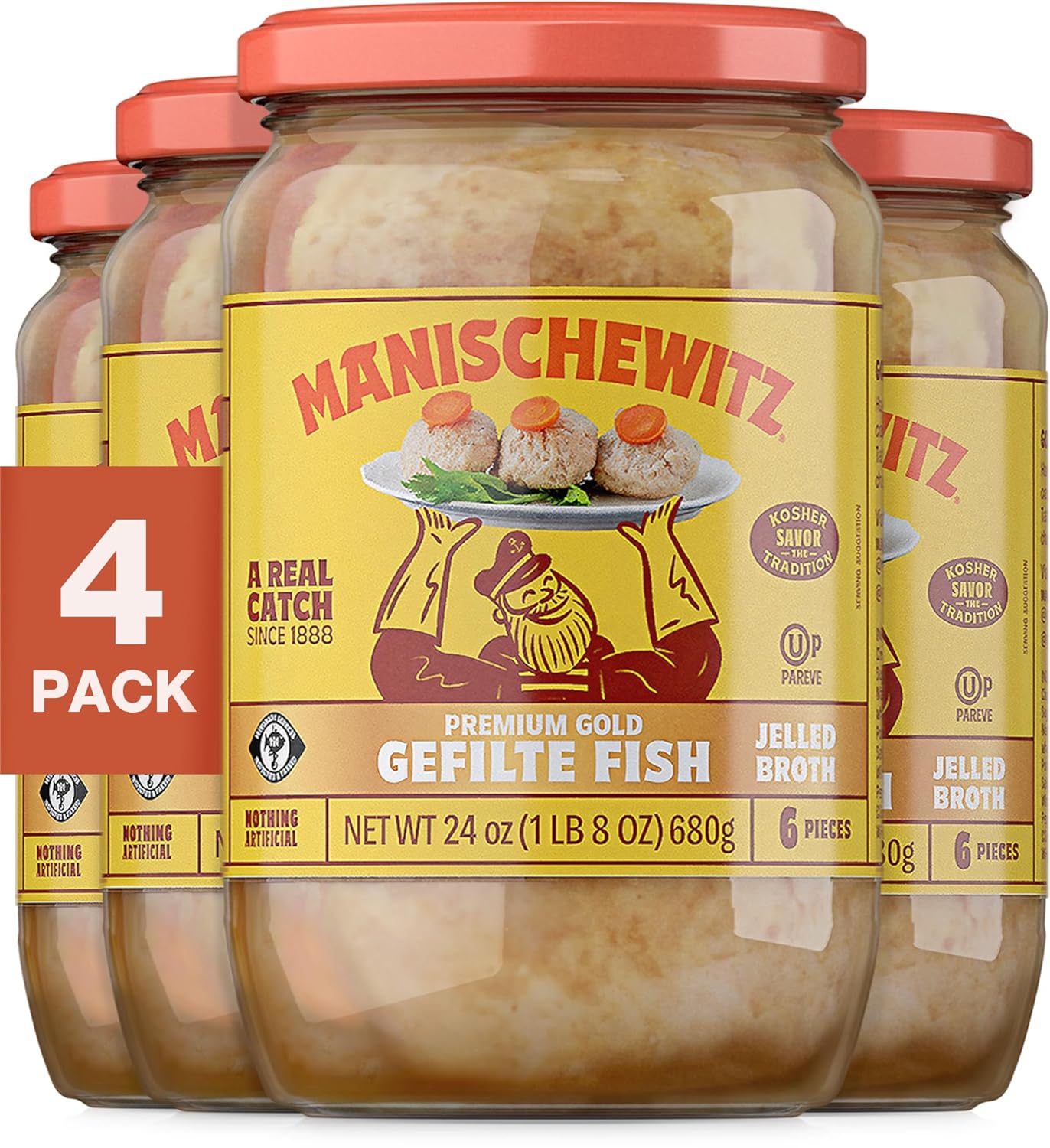 Manischewitz Premium Gold Gefilte Fish with Carrots, 24oz (4 Pack) | Kosher for Passover | No Added MSG | Protein Rich