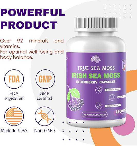 Sea Moss 1600Mg + Elderberry - 90 Capsules - Super Food Boosts The Immune System & Digestive Health Gut Health Skin & Joint Health Raw Sea Moss & Elderberry Pills (1 Pack)…