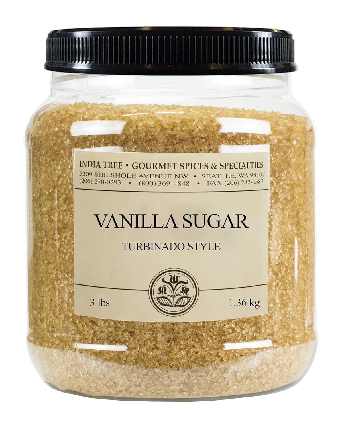 India Tree Turbinado Vanilla Sugar, 3-Pound Jar, With Real Bourbon Vanilla Bean, Baking, Cocktails, Crème Brule