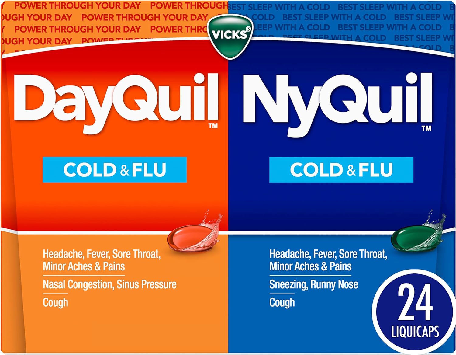 Vicks Dayquil And Nyquil Combo Pack, Cold & Flu Medicine, Powerful Multi-Symptom Daytime And Nighttime Relief For Headache, Fever, Sore Throat, Cough, 24 Count, 16 Dayquil, 8 Nyquil Liquicaps