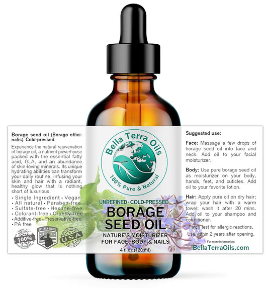 Bella Terra Oils - Organic Borage Seed Oil 4 oz - Rich in GLA, Pure & Untouched, Abundant in Omega-6 Fatty Acids, Elevate Skin's Natural Radiance & Softness