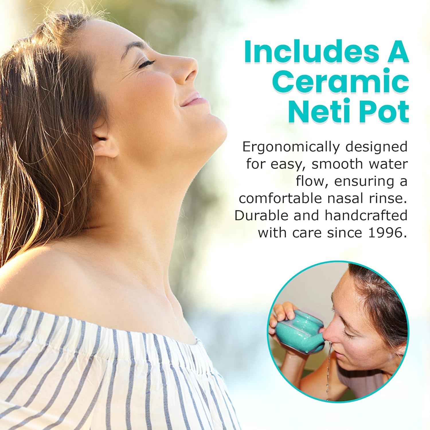 Baraka Sinus Ayurvedic Care Kit - Ceramic Neti Pot, Perfect For Sinus Relief. (1 Oz) Premium Quality Essential Oils And Mineral Salt Rinse, 2 Oz (Blue) : Health & Household