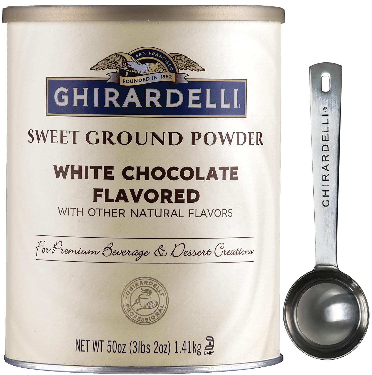 Ghirardelli Chocolate Company Sweet Ground White Chocolate Gourmet Flavored Powder 3.12 lb with Ghirardelli Stamped Barista Spoon