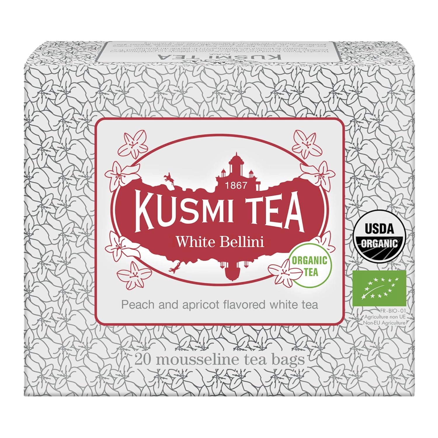 Kusmi Tea - White Bellini - Organic Blend Of White Tea, Peach & Apricot - Organic Flavored White Teas - Enjoy Hot Or Iced - Smooth, Flavourful Tea - 20 Tea Bags