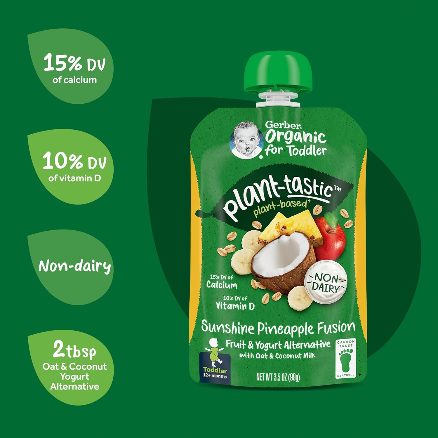 Gerber Organic Baby Food Pouches, Toddler, Plant-tastic, Sunshine Pineapple Fusion, Fruit & Yogurt Alternative with Oat & Coconut Milk, Non-Dairy, 3.5 oz (Pack of 12) : Everything Else