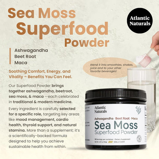 Atlantic Naturals Sea Moss Superfood Powder With Ashwagandha, Beet Root, And Maca Root - Sea Moss Powder Supports Healthy Skin, Athletic Performance, And Positive Mood - Vanilla Flavor (150G)